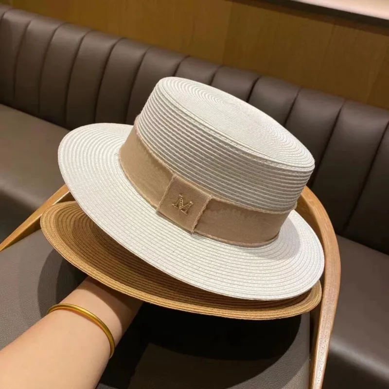 

Summer Women's Boater Beach Hat Wide Side Female Casual Panama Hat Lady Classic Flat Bowknot Straw Sun Hat Women Fedora Letter M