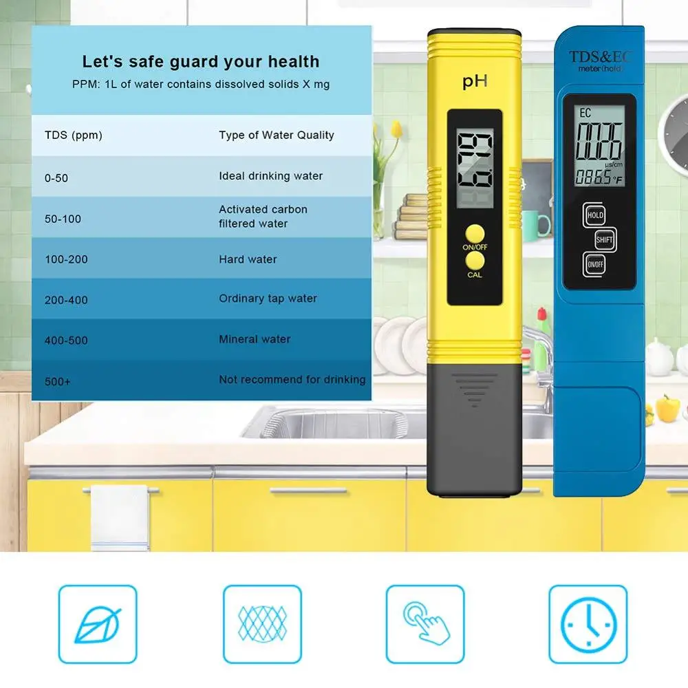 2Pcs TDS Meter Digital Water Tester Digital 0.0-14.0 PH Meter Tester 0-9990ppm TDS&EC LCD Water Purity PPM Aquarium Filter