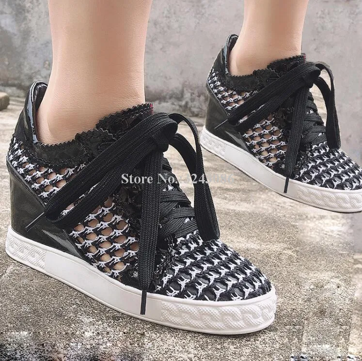 

New Hollow Out Mesh Wedge Hidden Casual Shoes Women Fashion Lace-up Platform Single Shoes Lady Popular Hole Dress Shoes Dropship