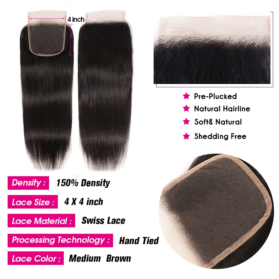 UNice Hair 5x5 HD Lace Closure Brazilian Straight Hair Lace Closure Virgin Human Hair Closure 4"x4" Swiss Lace 1 PCS