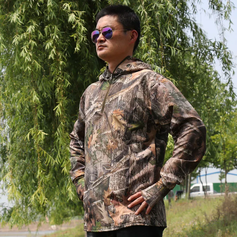 Summer Thin Quick-Drying Bionic Camouflage Long Sleeve T-Shirt Tops Male Hunting Fishing Hiking Sunscreen Hooded T-Shirts