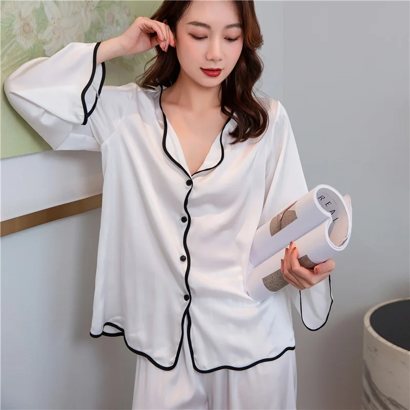 Long Sleeve Silk Pajamas for Womens Set Sexy V-Neck Bow Print Sleepwear Two Piece Suit Spring Nightdress Female Nightwear