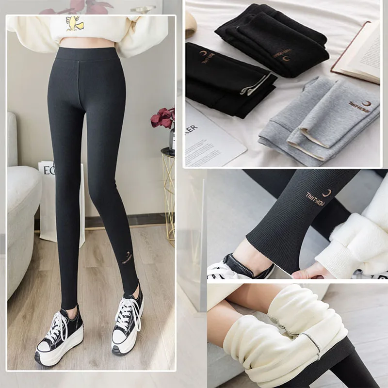 Plush Winter Leggings Women Wear Large High Waist Embroidered Words Show Thin Thread Thermal Cotton Pants Cashmere Leggings Warm