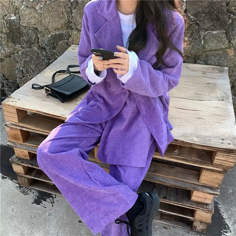 Autumn Winter Purple Corduroy Women\'s Office Suit Korean Clothes Blazer Girly Casual Loose Wide Leg Pants Two-Piece Sets Female