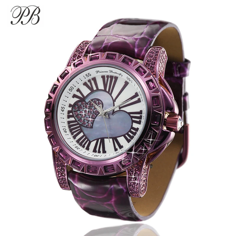 Princess Butterfly Love Heart Watches for Women Crystal Watch Women Quartz Roman Numerals Dial Italian Leather Strap Waterproof