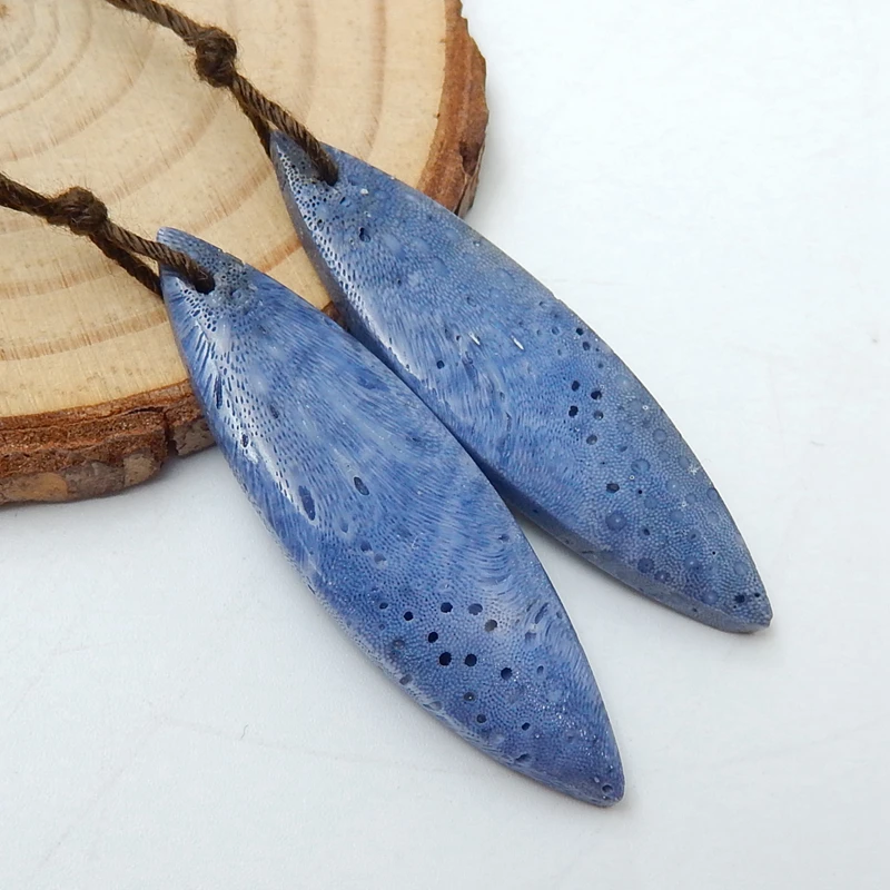 Natural Blue Coral Marquise Earrings Accessories Stone For DIY Jewelry Making 42x12x4mm 5.8g