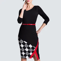 Summer New Arrival Sleeveless Patchwork Modern Belted Knee Length Pencil Women Casual Work Office Black Grid Dress HB290