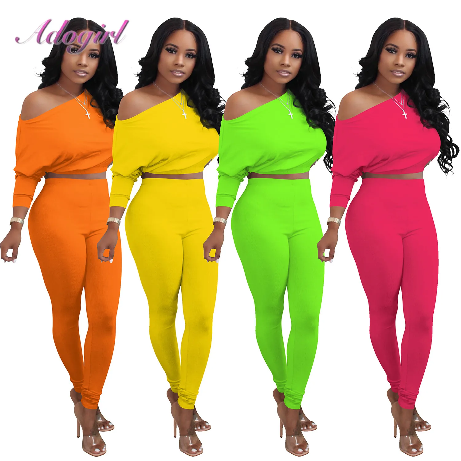 Women Autumn Two Piece Sets Casual Neon Long Sleeve Crop Tops Loose Sweatshirt Bikers Sweatpants Suit Outfit Sports Tracksuit