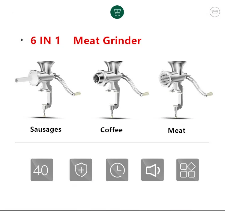 5#/10#/12#Manual Meat Grinder Mincer Silver Aluminum Alloy Hand Crank Meat Mincer Household Hand Grinder Sausage Stuffer Kitchen