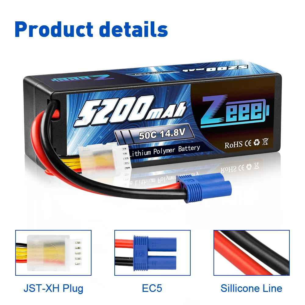 Zeee-Batterie Lipo avec prise EC5, boîtier rigide pour voiture RC, Bumosquito, Truggy, Inoler, Monster Boat, FPV Drone Model Parts, 4S, 14.8V, 5200mAh, 50C