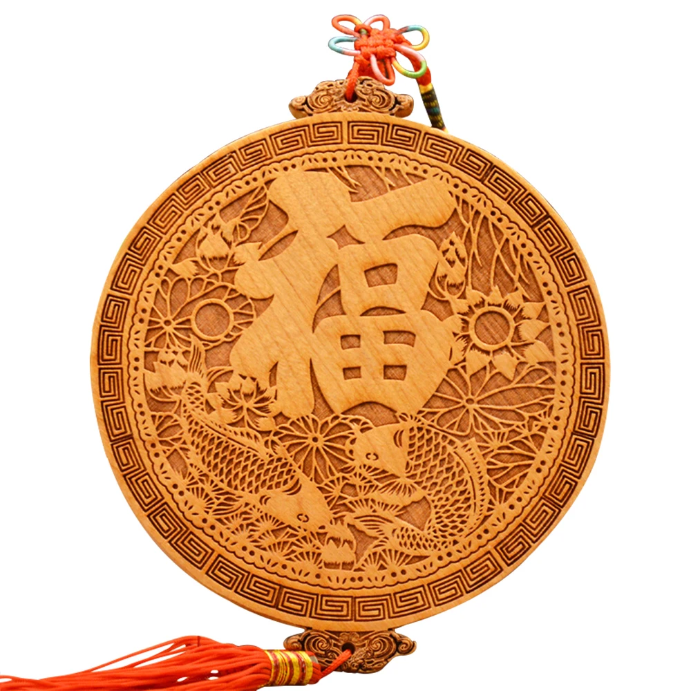 

Fengshui Chinese knot natural mahogany carving rich and precious fish mahogany bagua mirror pendanthome accessories ornaments