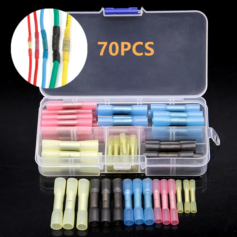 70Pcs Waterproof Heat Shrink Butt Termianl Insulated Wire Cable Splices Connectors Seal Crimping Connector For Marine automotive