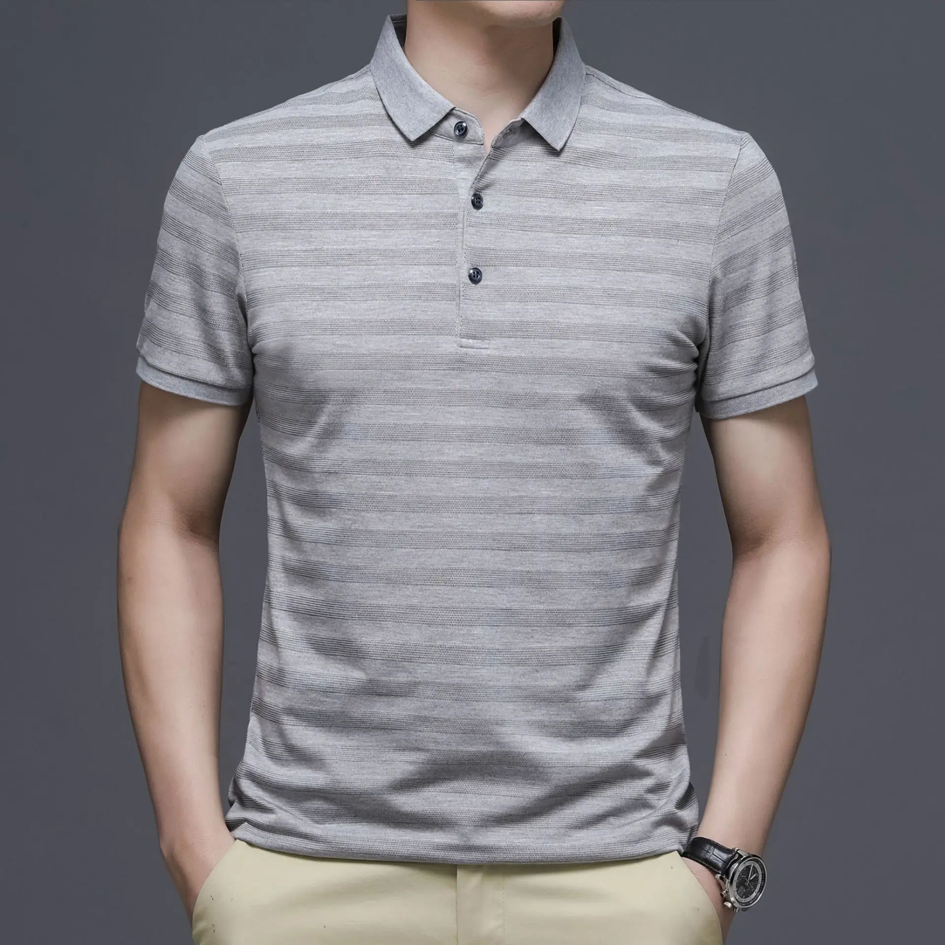 

Breathable Brand Men's Short-Sleeve Jersey Polo Shirt Men Slim Fit Casual Gray Striped Summer Golf Poloshirt Quick Dry 3 Buttons