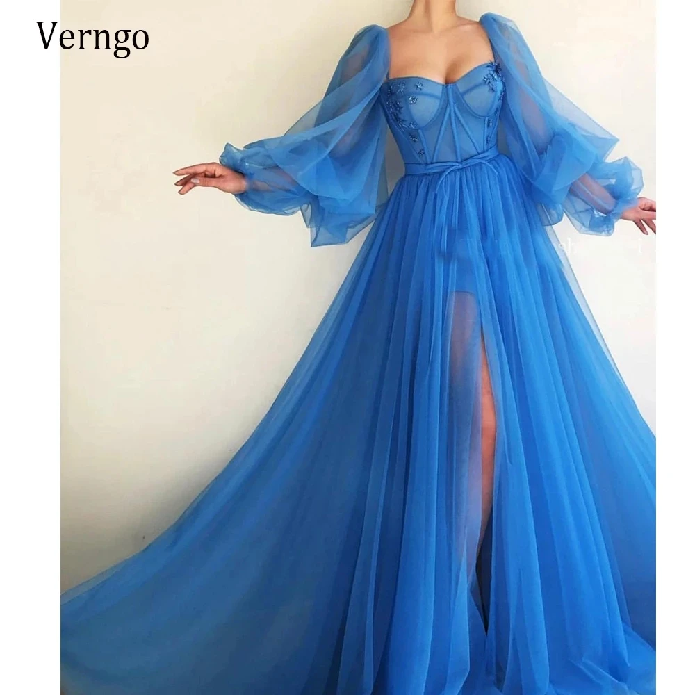 Verngo Elegant A Line Blue Tulle Long Prom Dresses Puff Sleeves Sweetheart Applique Side Slit Lace Up Evening Gowns Custom Made