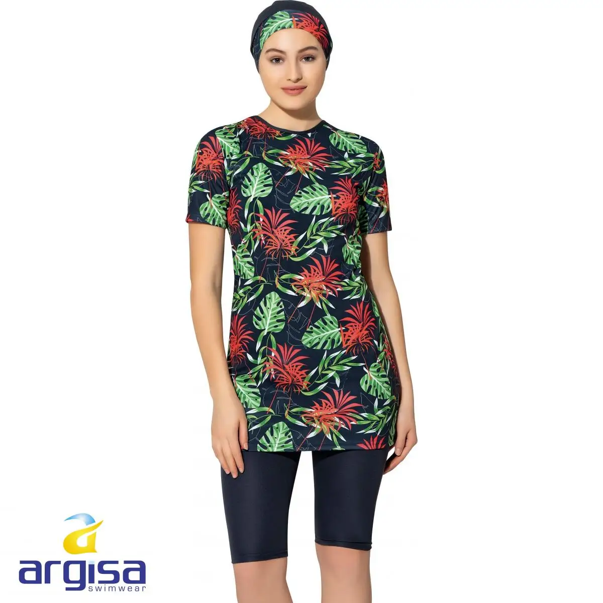 Argisa 7830 Mezza Manica Foglia Patterned Semi Burkini Abbigliamento Spiaggia Per Musulmani 38-52 più il Formato Hijab Islamico Costume Da Bagno di