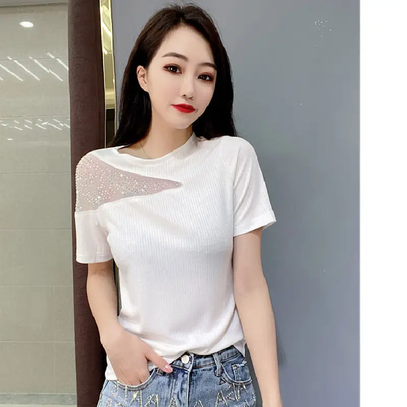 Blouse Women\'s off-Shoulder Diamond Short-Sleeved Shirts European Goods Slim Fit Oblique Shoulder Tops Blusas Ropa De Mujer