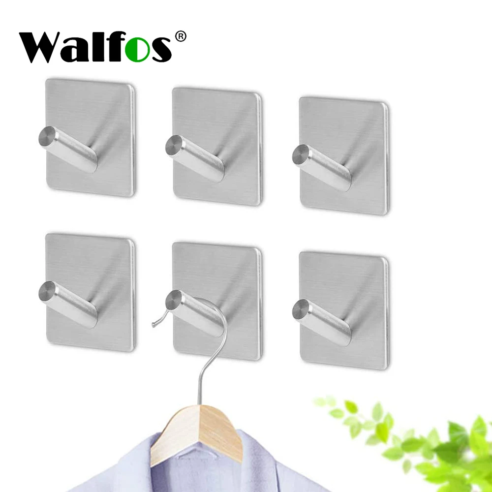 Walfos 3M Self Adhesive Wall Door Back Hooks Heavy Duty Stainless Steel Clothes Hanger Bathroom Kitchen Towel Rustproof Hook