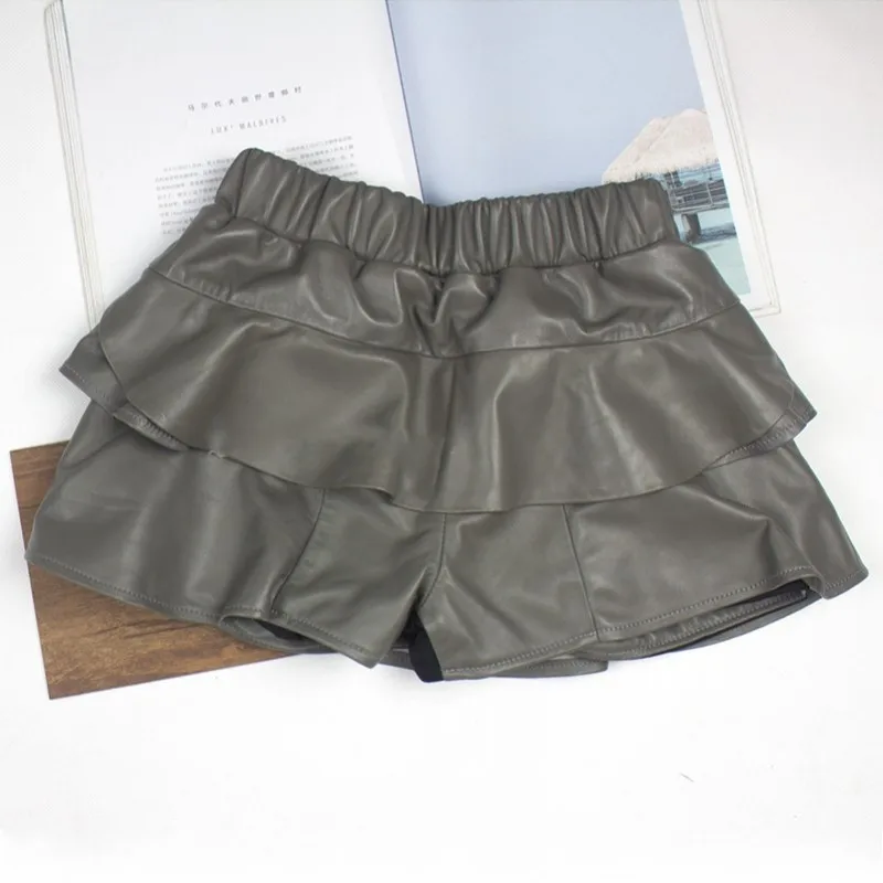 Design Sweet Ruffle Genuine Leather Shorts Skirt Women Elastic Waist Red Black Green Gray Sheepskin Shorts Female Mini Trousers