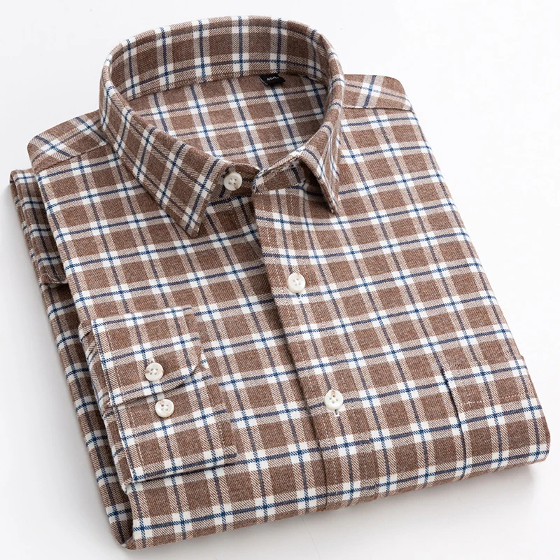 Camicia a quadri Casual da uomo in cotone 100% tasca a toppa singola comoda camicia a maniche lunghe abbottonata a righe in cotone Standard