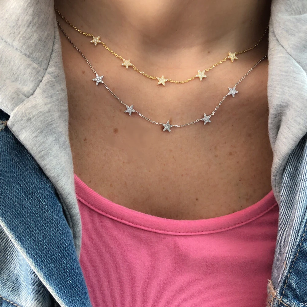 2025 New Gold Color Vermeil 925 Sterling Silver Micro Pave CZ Star Choker Necklace Cute Charming Delicate Dainty Jewelry Women