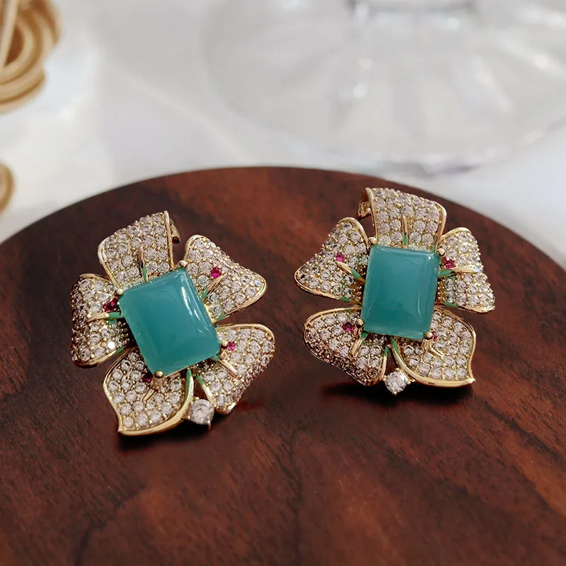 Retro Gold Flower With greenish-blue colour Stone Stud Earrings lake blue Square Women Gift For Female  Jewelry special Design