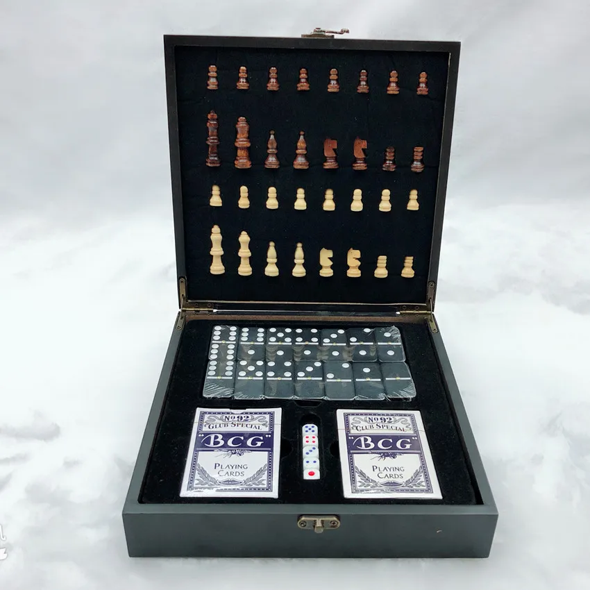 New Wooden Chess Set Folding Dice Domino Poker 32 Chess Pieces Internal Storage Portable Travel Board Game Set for Children Kid