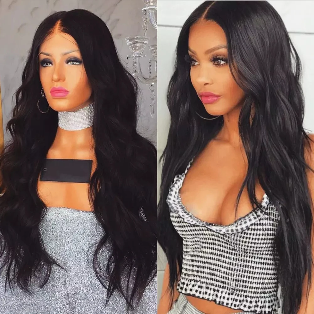 Synthetic Body Wave Lace Frontal Wig With Baby Hair Heat Resistant Hair 26Inch Loose Wave With Natural Hairline