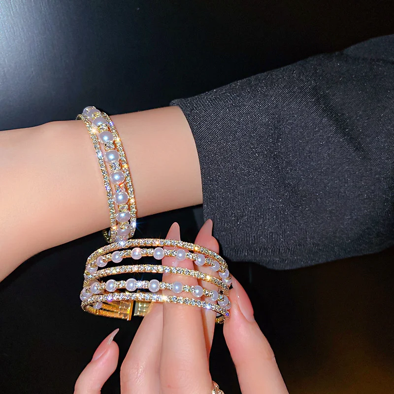 FYUAN Geometric Multilayer Rhinestones Bracelet & Bangles For Women Pearl Cuff Bracelets Weddings Jewelry