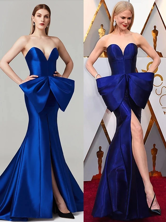 Vestidos de Noche formales de sirena con abertura azul real, ropa de Gala de satén con lazo, vestido de fiesta de graduación, hecho a medida, 2024