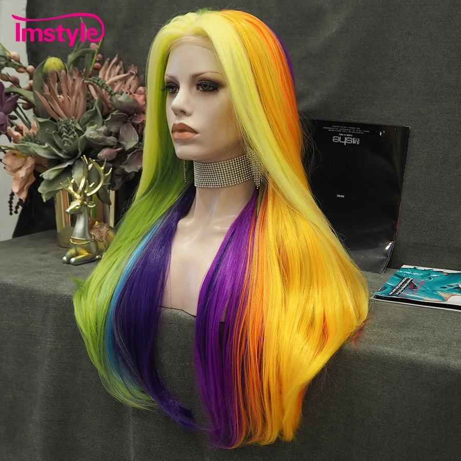 Imstyle Colorful Wig Long Synthetic Lace Front Wig Noctilucent Hair Heat Resistant Fiber Straight Rainbow Wigs For Women Party