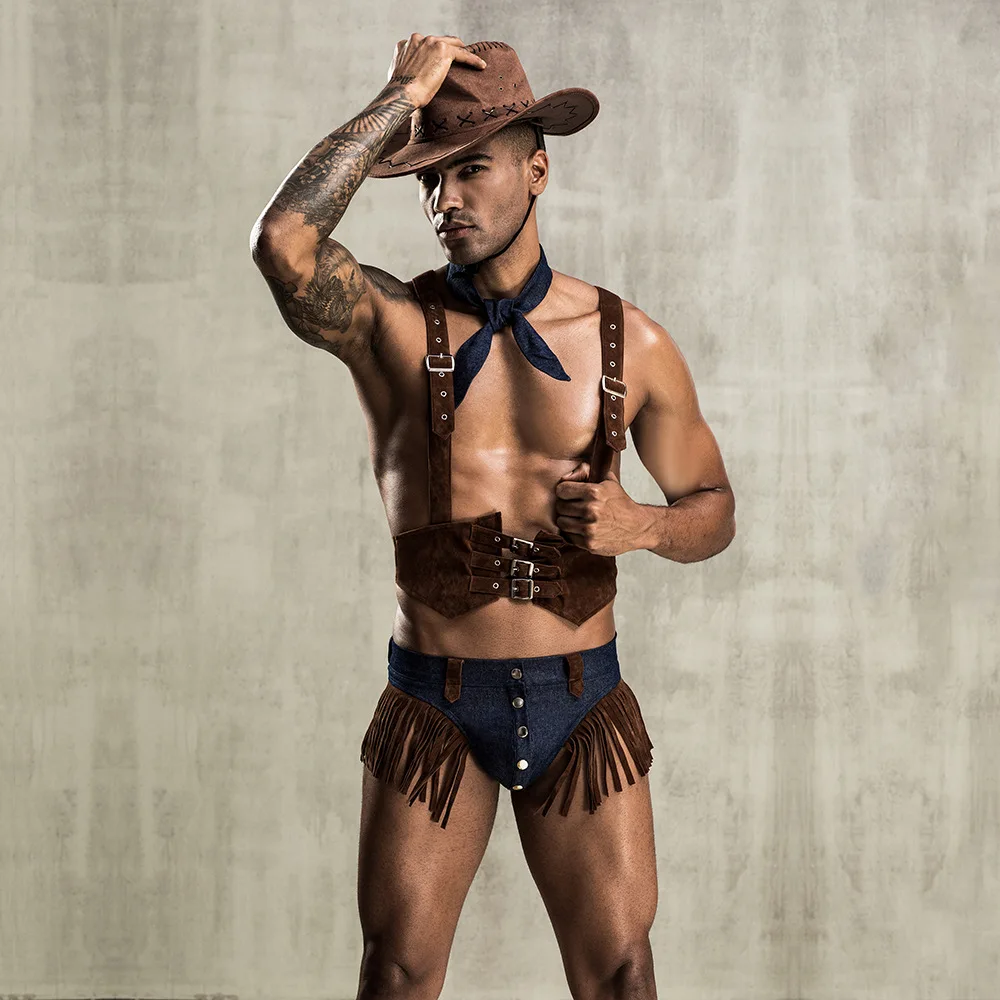 4Pieces Mens Role Play Sexy Cowboy Uniform Set Cosplay Gay Bar Dance Costume Outfit