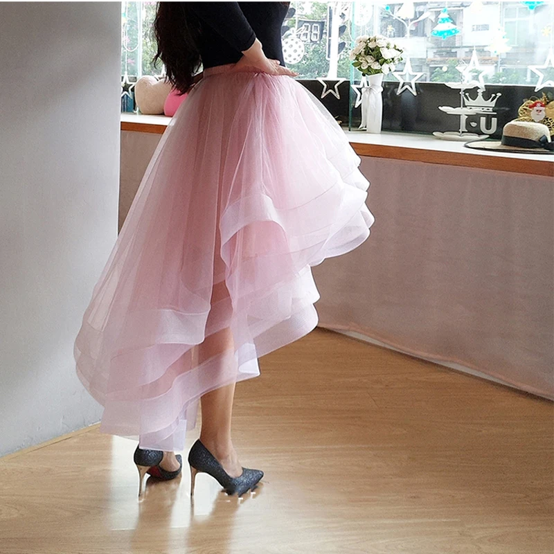 Pretty High Low Skirts  Blush Pink Organza Ruffles  Lady Tiered Elastic Long Skirt Women 2020 Custom Made Female Bottom