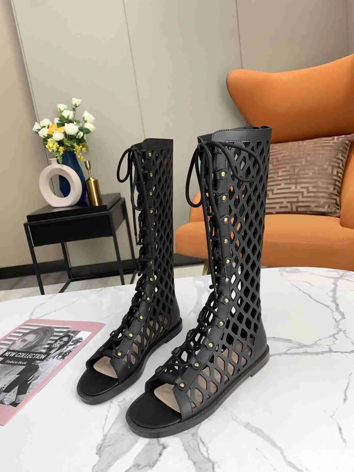 Chaussures femme black summer leather sexy boots hollow rome Knee high booties peep toe lace up sandals luxury brand flats