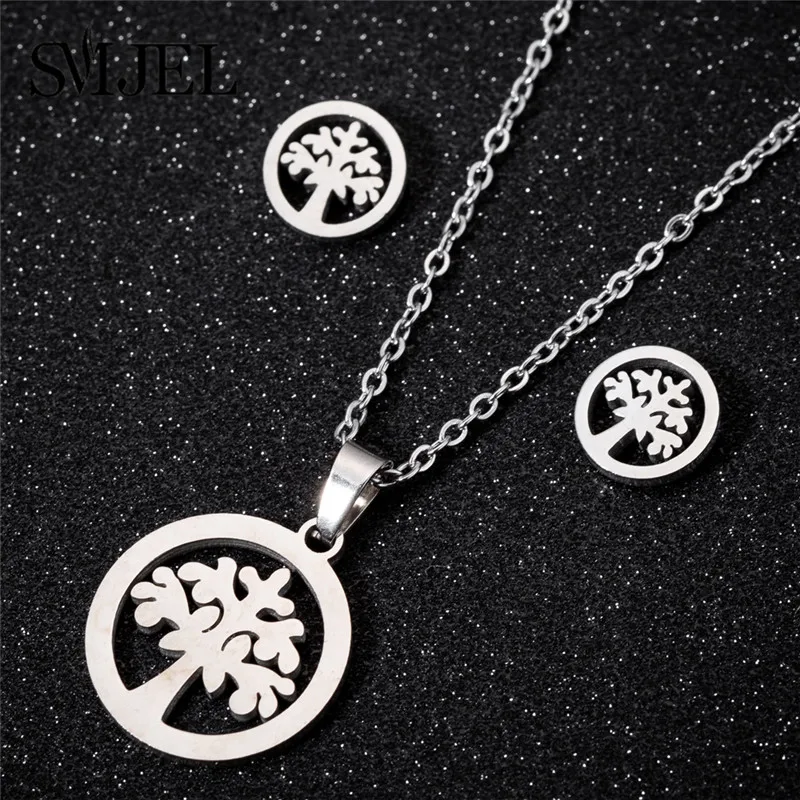 2024 Round Hollow Wishing Tree Pendant Necklace Plant Tree Of Life Earrings Jewelry Set Fashion Elegant Women Girl Gifts