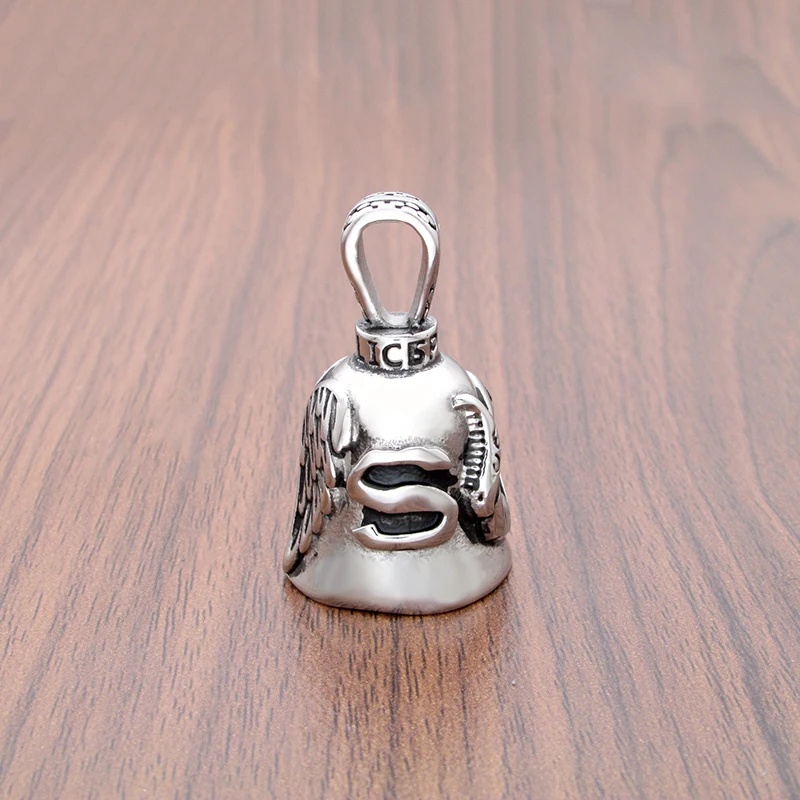 Punk 316L Stainless Steel Silver Color Black Letter Feather Rider Wings Biker Bell Pendant Jewelry For Gift