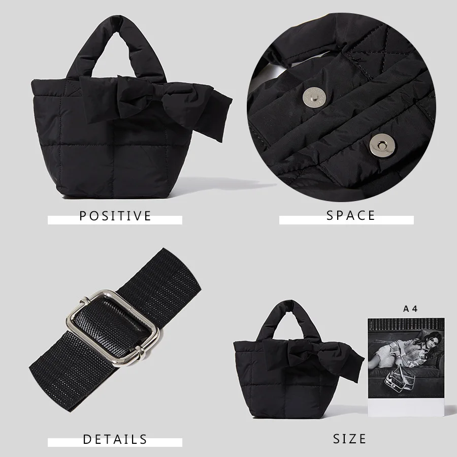 Women Puffer Bag Bow Tote Bag Single Crossbody Handbags Shoulder Solid Color Quilting Girl Bag 2021