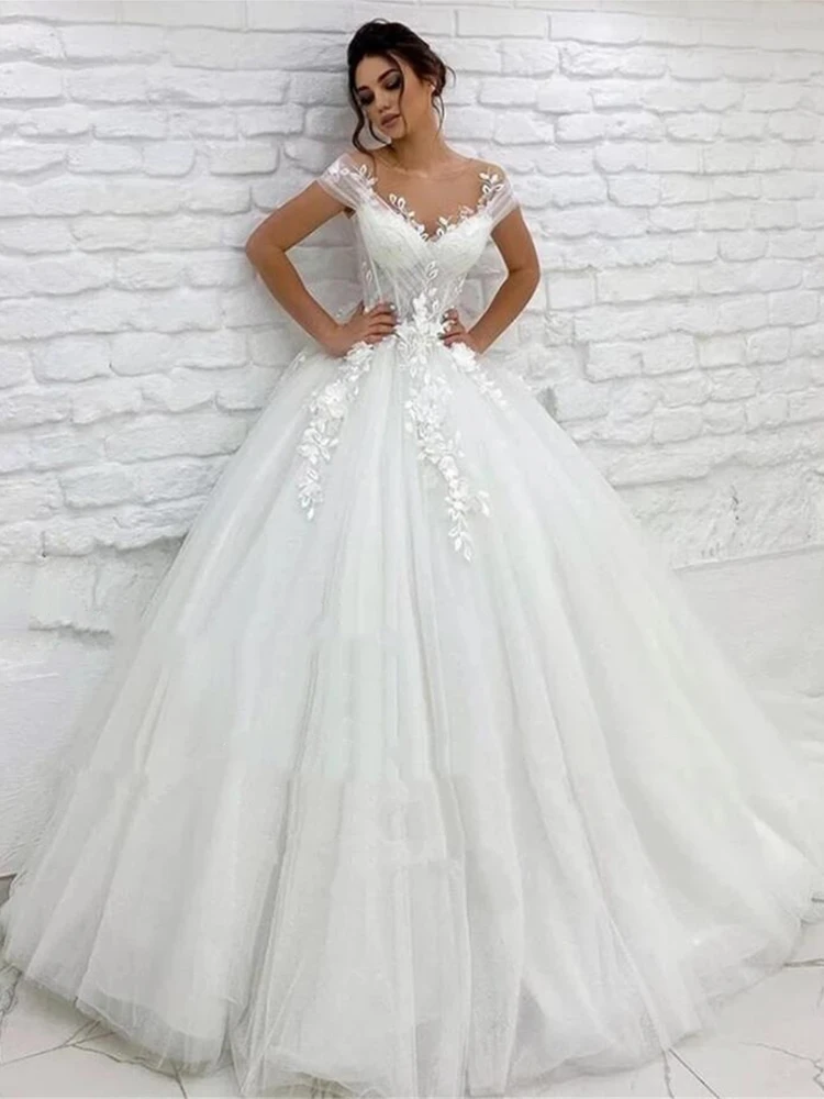 Robe De mariée longue en Tulle pour femmes, col transparent, avec traîne, manches en dentelle, avec boutons au dos