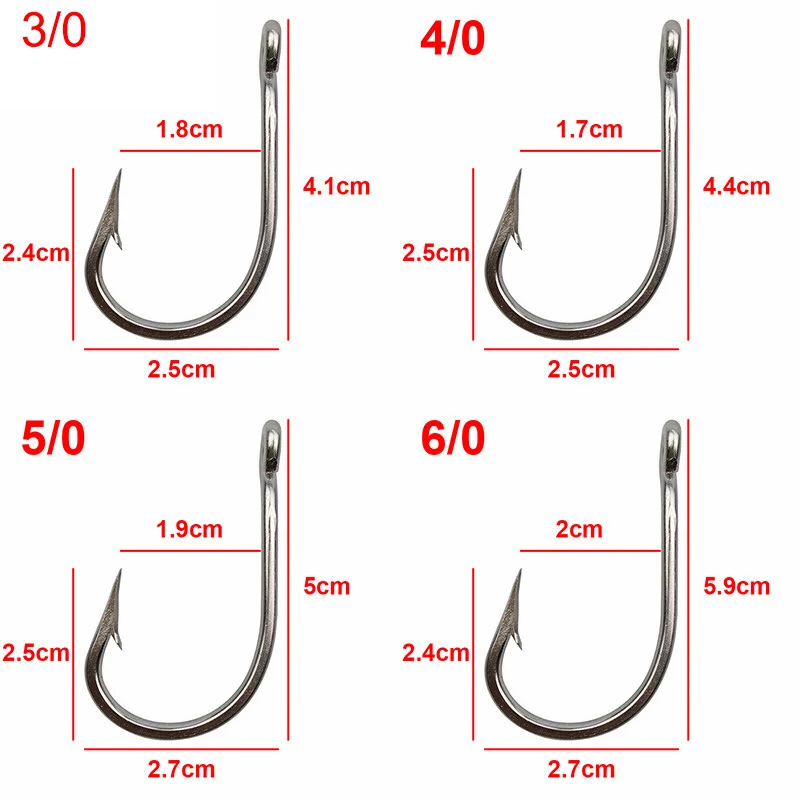 50Pcs 4X Stainless Steel Big game Fishing Hooks Saltwater Shark hooks for Tuna Alligator Large Fishhooks 5/0-13/0