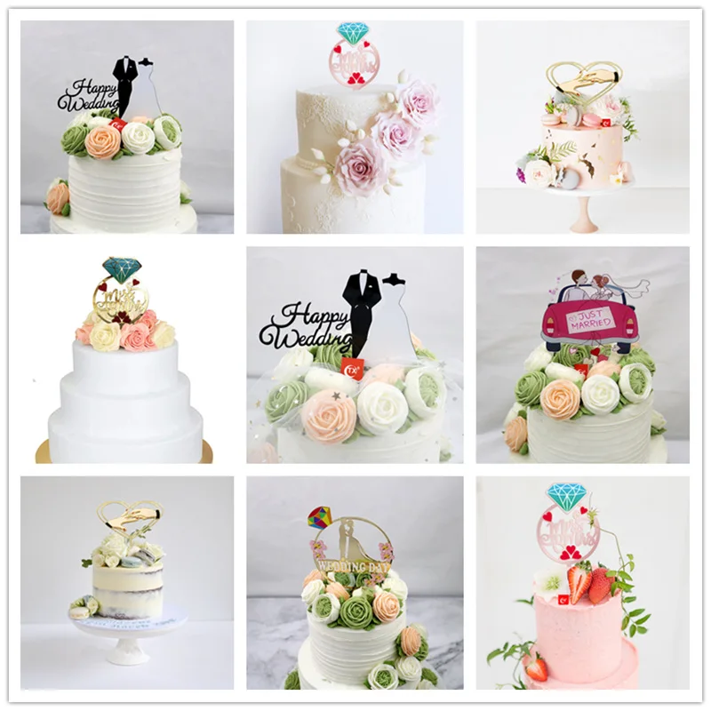 Romantic Wedding theme Cake Topper Diamond Ring Wedding Party Cake Flags Color Printing Engagement/Confession Cake Dessert Adorn