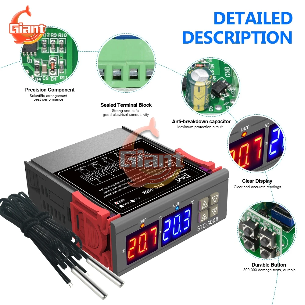 STC-3008 110V 220V Thermostat Temperature Controller for Bird Two Relay Output Temperature Regulator Heating Cooling Thermometer