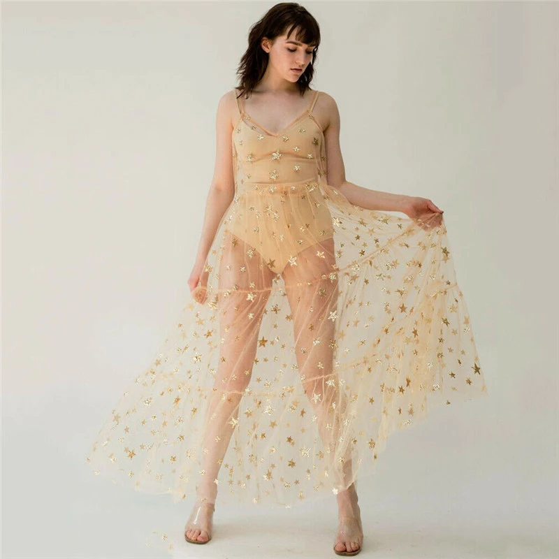 Spaghetti Dresses Straps See Through Summer Sweet Tulle Long Women  Fashion Bling Bling Dress