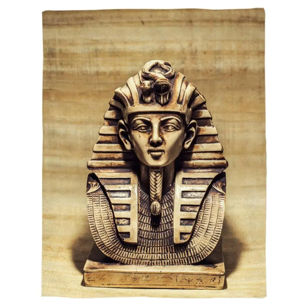 Egyptian Throw Blanket Stone Pharaoh Tutankhamen Mask Sculpture with Papyrus Background Design Warm Flannel Blanket