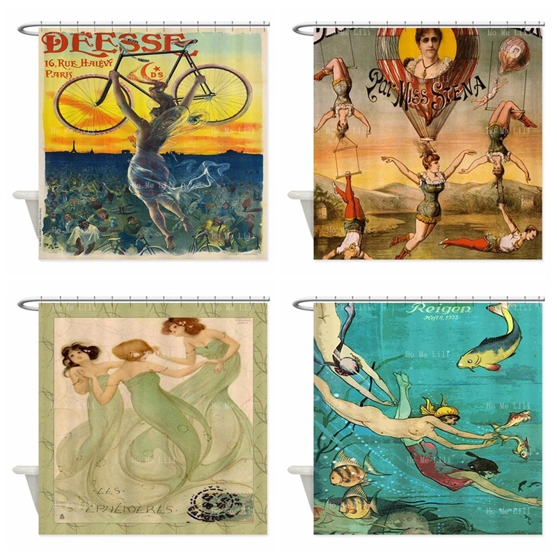 Vintage French Acrobatic Performance Hot Air Balloon Mermaid Women Fish Sea Paris Fairy Free Bicycle Shower Curtain