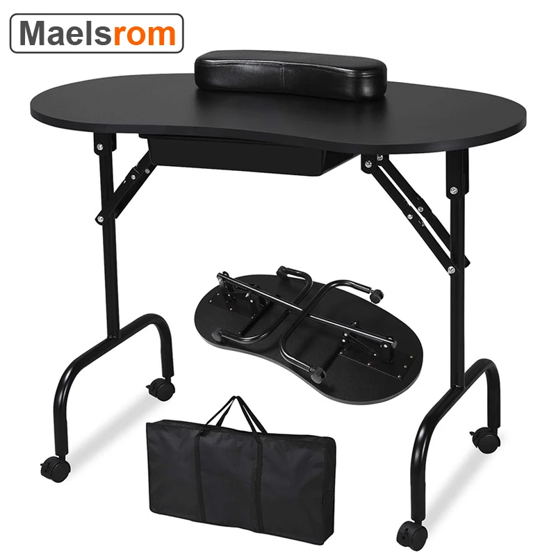 Foldable Manicure Table Nail Desk Workstation with Large Drawer Client Wrist Pad Controllable Wheels Carrying Case for Salon