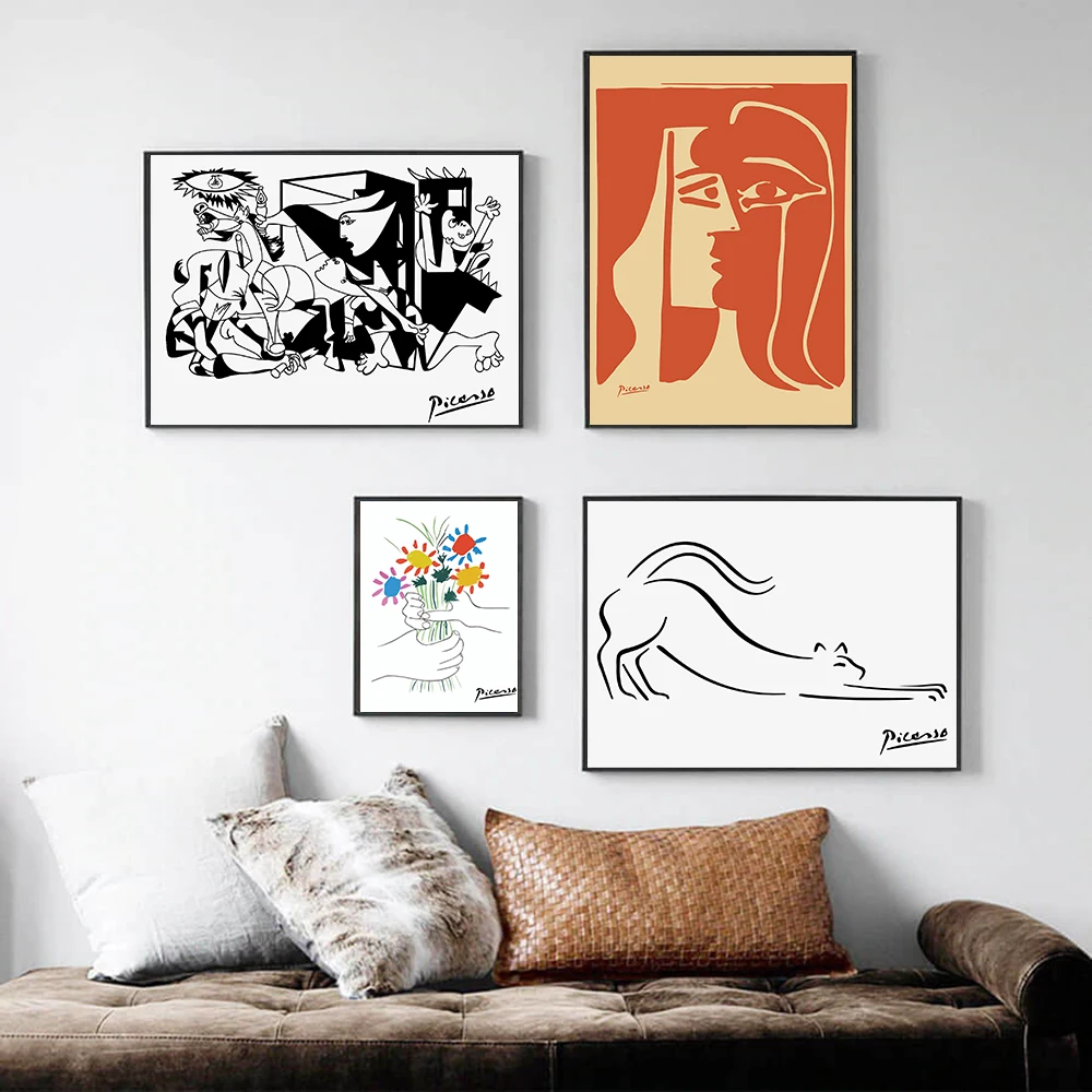 Picasso Exhibition Poster Line Bird Cat Flower Bundle Canvas Painting Abstract Kiss Gallery Retro Wall Art Picture Bedroom Decor