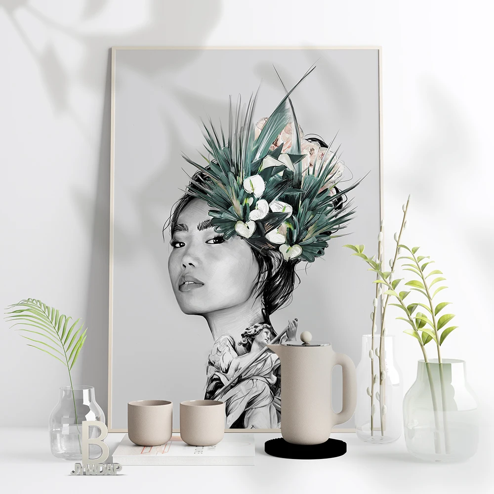 Nordic Wall Art Asian Women Picture Canvas Painting Poster Green Plant Succulent Flower Poster Living Room Modern Home Decor