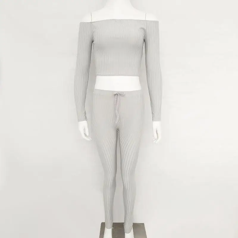 New Sexy Cotton Two Pieces Set Women Club Wear Slash Neck Crop Tops And Pencil Pant Long Sleeve Two Pieces Outfits