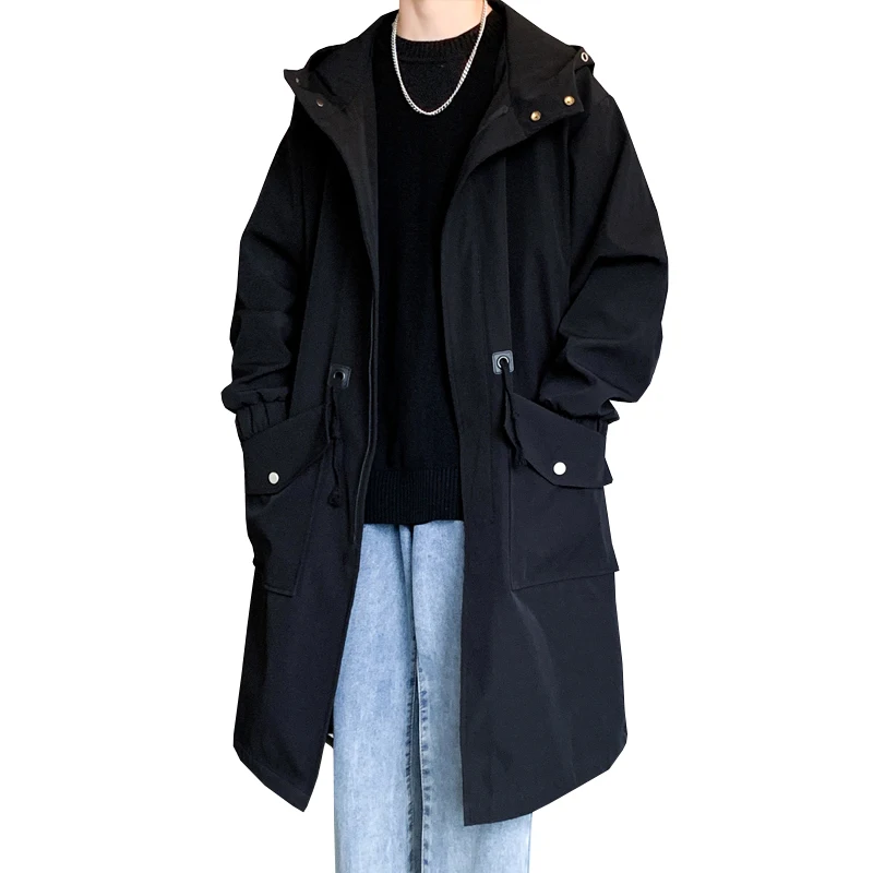 

Autumn Men Ribbons Streetwear Punk Hip Hop Long Trench Coat Hooded Black Zipper Outwear
