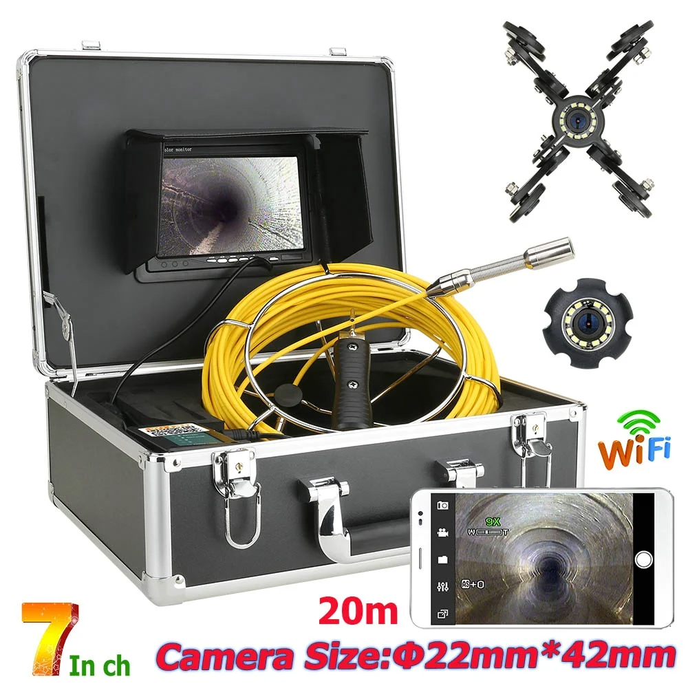 

7" Monitor 20M Pipe Inspection Video Camera,WiFi Wireless DVR IP68 HD 1000TVL Sewer Pipeline Endoscope System with 12PCS LED