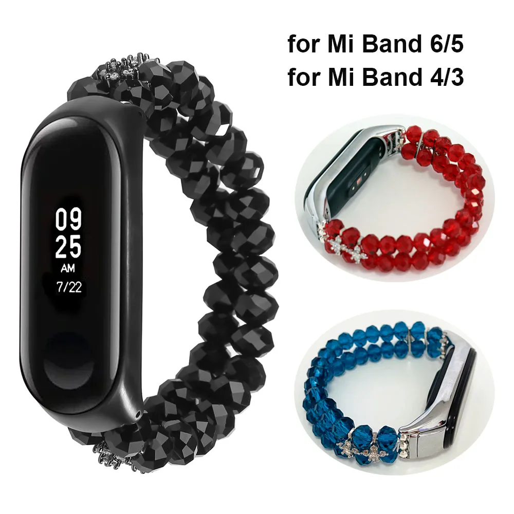 Black Jewelry MI BAND 8 7 6 Watchband Beaded Bracelet Bands for Xiaomi Mi Band 5/4 Wristband Replacement with Crystal Beads Girl